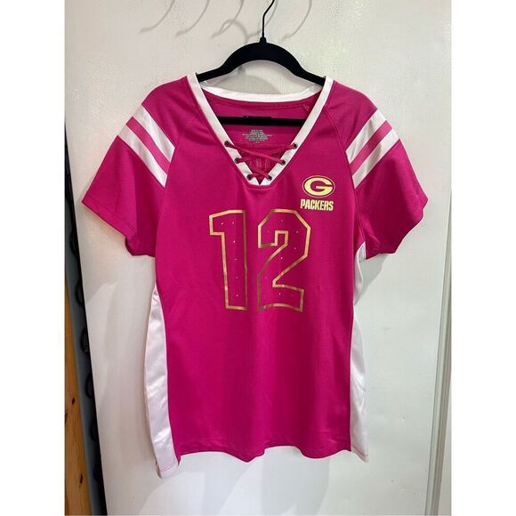 NFL Pink Packers Shirt #12 Rogers Sparkly Woman’s Size Large - Picture 1 of 11